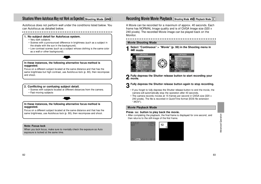 Nikon Coolpix 995 No subject detail for Autofocus system, Conflicting or confusing subject detail, Movie Shooting Mode 