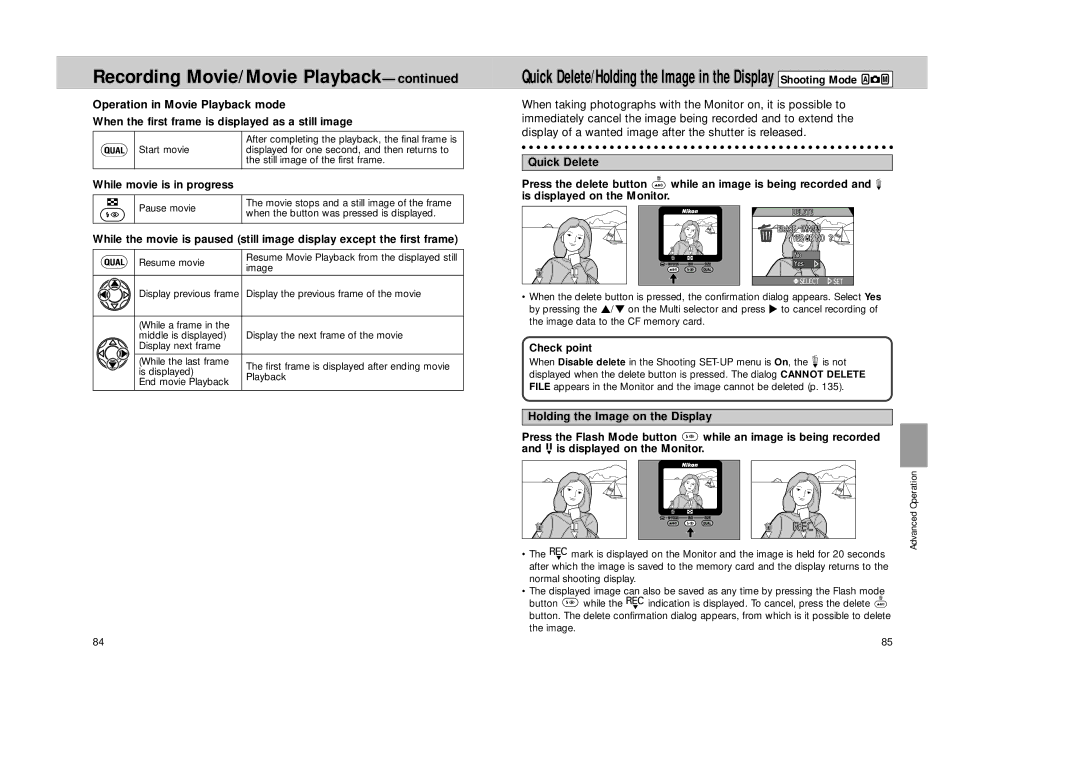 Nikon Coolpix 995 manual Operation in Movie Playback mode, When the first frame is displayed as a still image, Quick Delete 