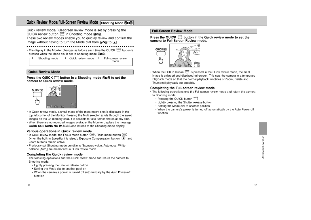 Nikon Coolpix 995 manual Quick Review Mode, Various operations in Quick review mode, Completing the Quick review mode 