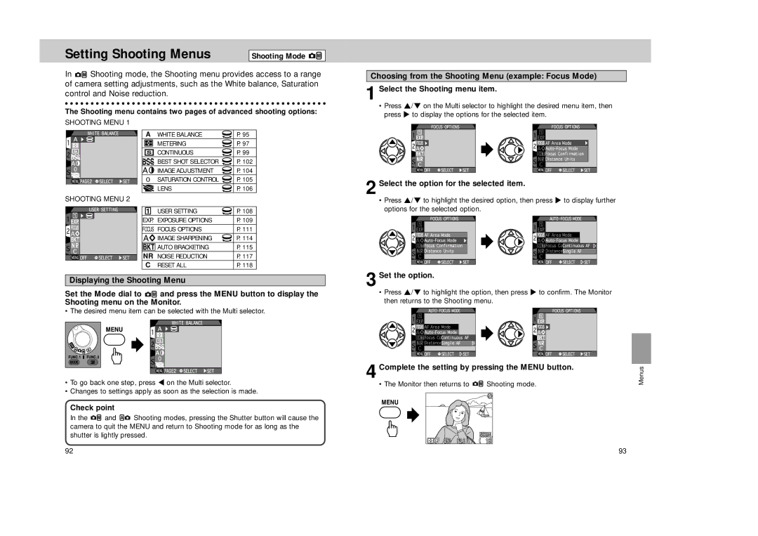 Nikon Coolpix 995 Setting Shooting Menus, Choosing from the Shooting Menu example Focus Mode, Displaying the Shooting Menu 