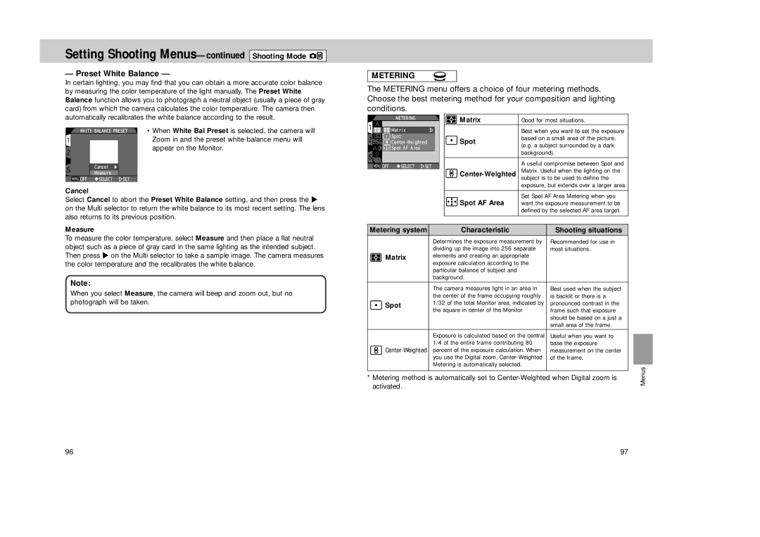 Nikon Coolpix 995 manual Preset White Balance, Metering, Characteristic Shooting situations 