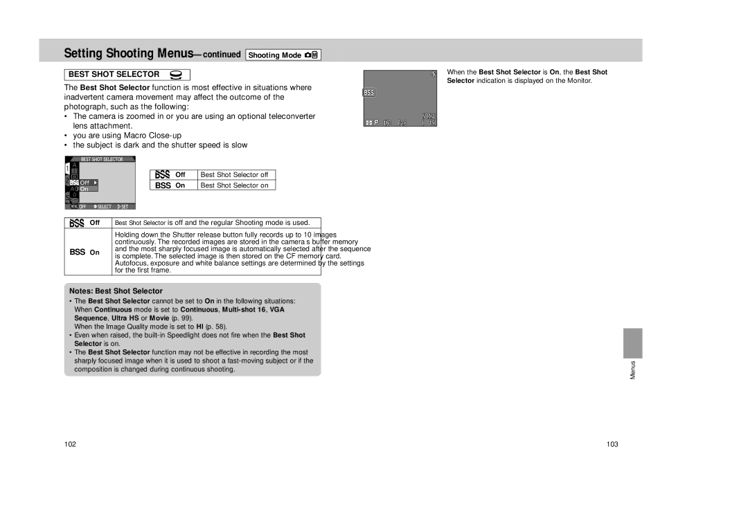 Nikon Coolpix 995 manual Off Best Shot Selector off 