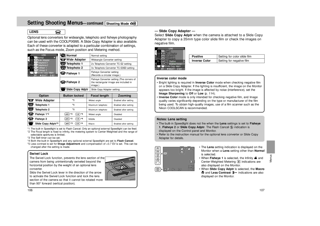 Nikon Coolpix 995 manual Lens, Slide Copy Adapter 