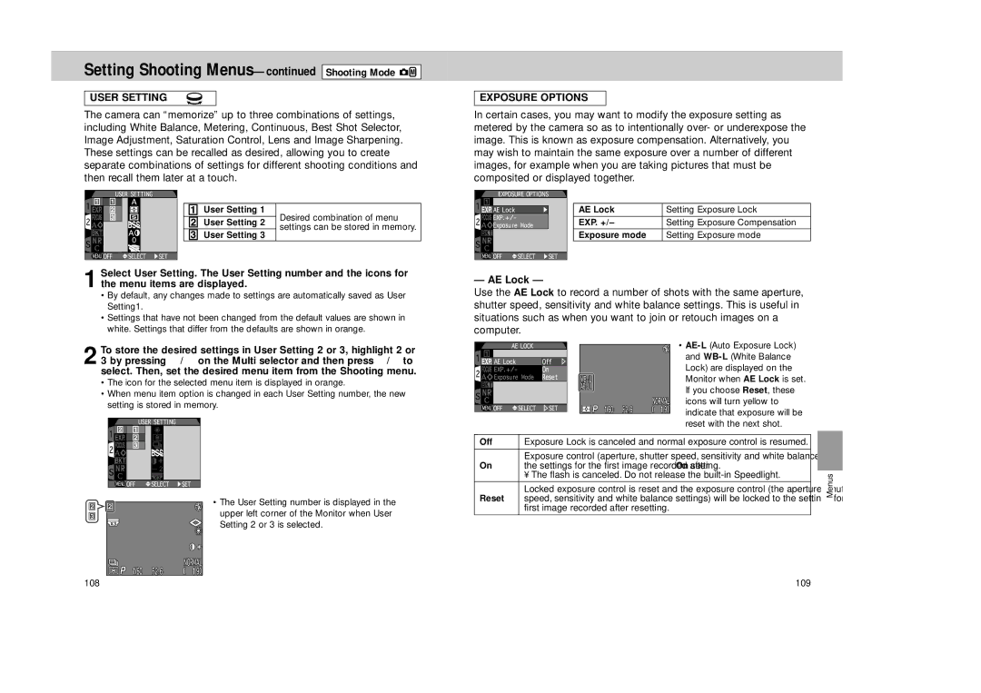 Nikon Coolpix 995 manual User Setting, Exposure Options, AE Lock 