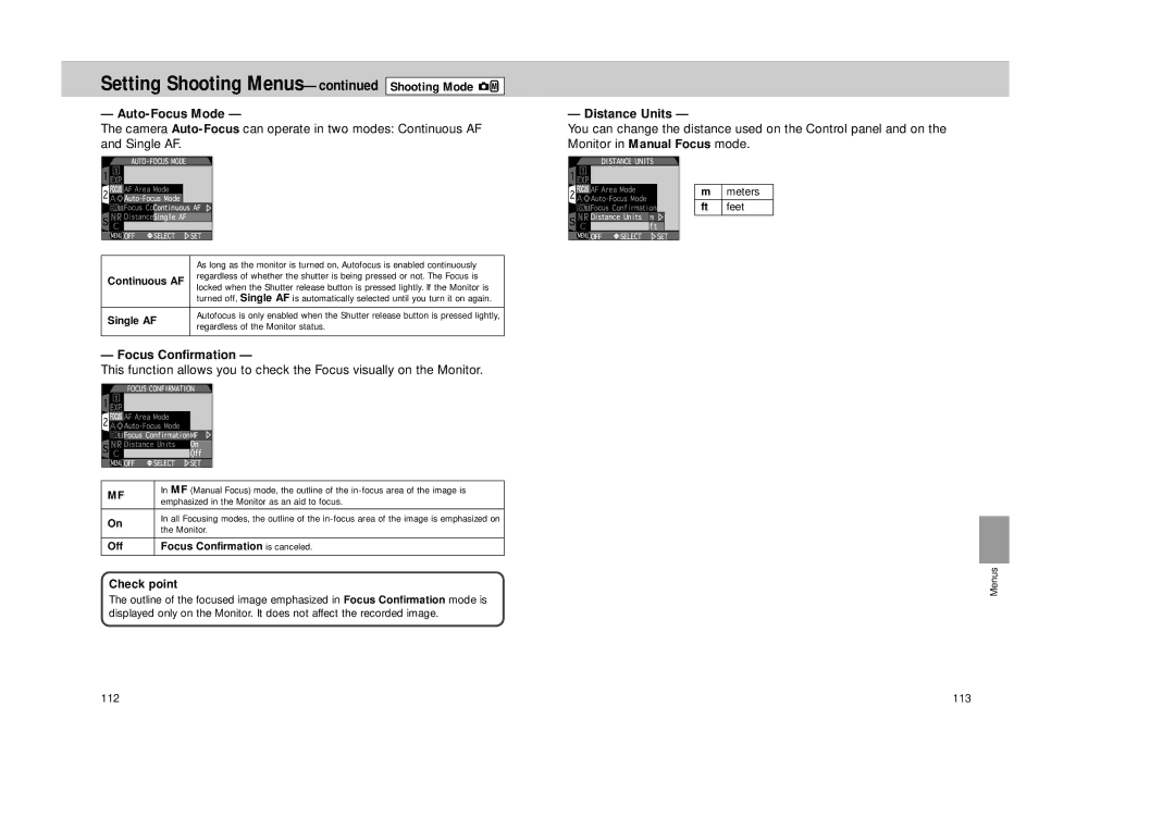 Nikon Coolpix 995 manual Auto-Focus Mode, Focus Confirmation, Distance Units 