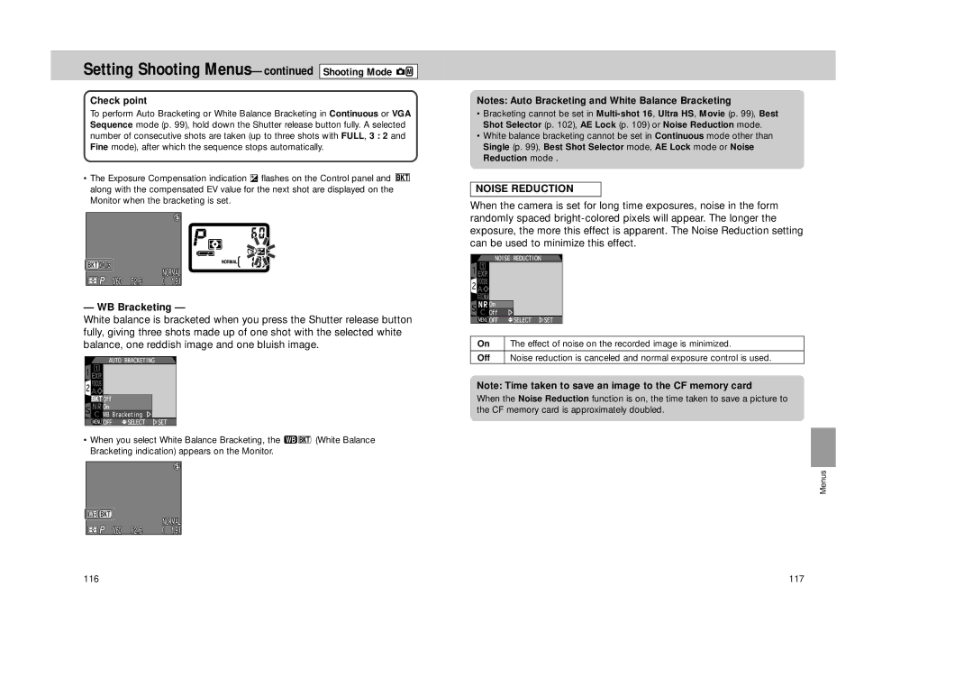 Nikon Coolpix 995 manual WB Bracketing, Noise Reduction, Effect of noise on the recorded image is minimized 