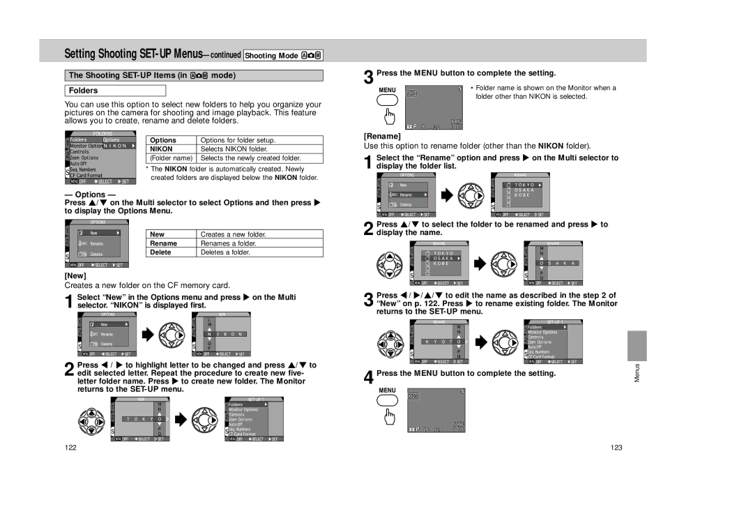 Nikon Coolpix 995 manual Shooting SET-UP Items in mode Folders, Options, Rename 