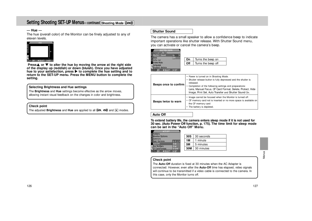 Nikon Coolpix 995 manual Shutter Sound, Auto Off, Selecting Brightness and Hue settings 