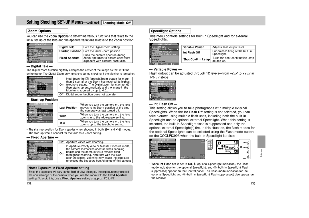 Nikon Coolpix 995 manual Zoom Options, Digital Tele, Start-up Position, Fixed Aperture, Speedlight Options, Variable Power 