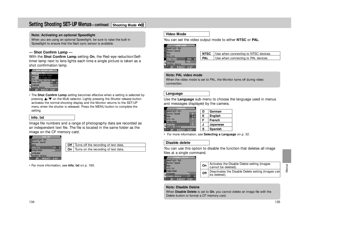 Nikon Coolpix 995 manual Shot Confirm Lamp, Info. txt, Video Mode, Language, Disable delete 