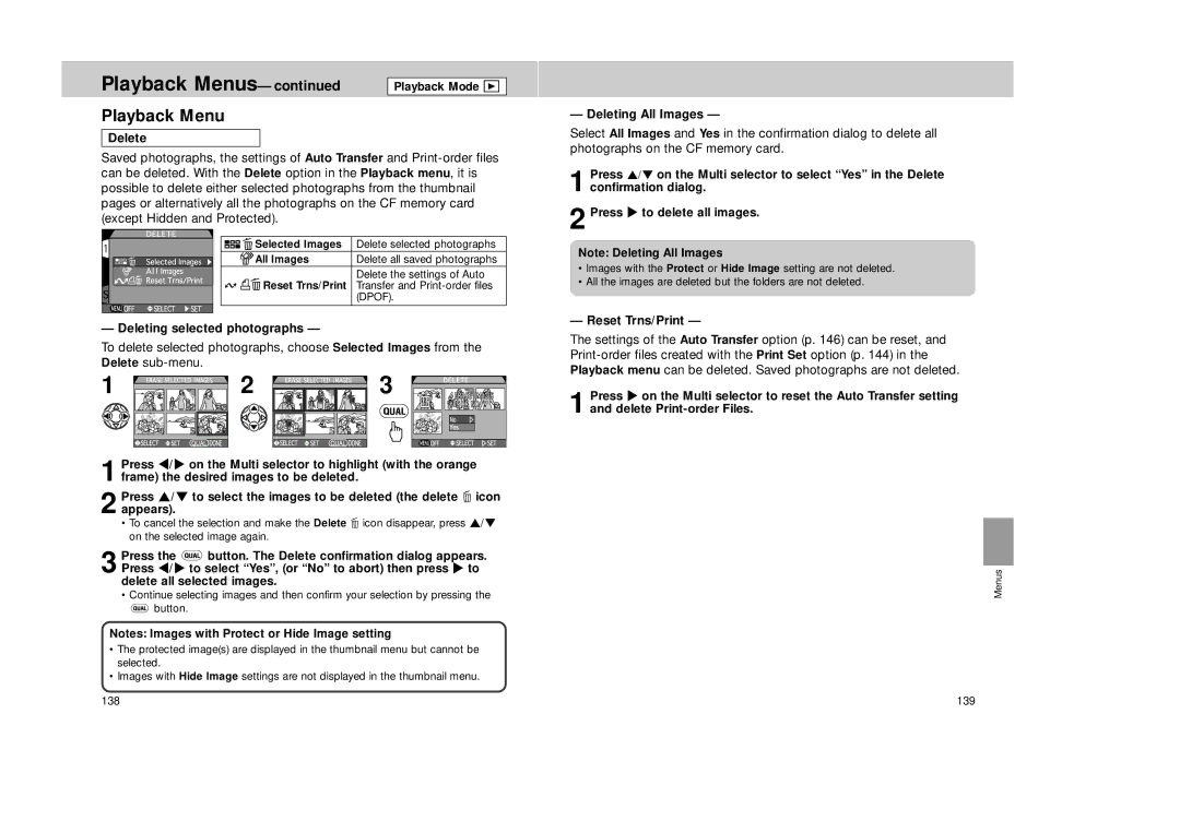 Nikon Coolpix 995 manual Playback Menu, Deleting All Images, Deleting selected photographs, Reset Trns/Print 