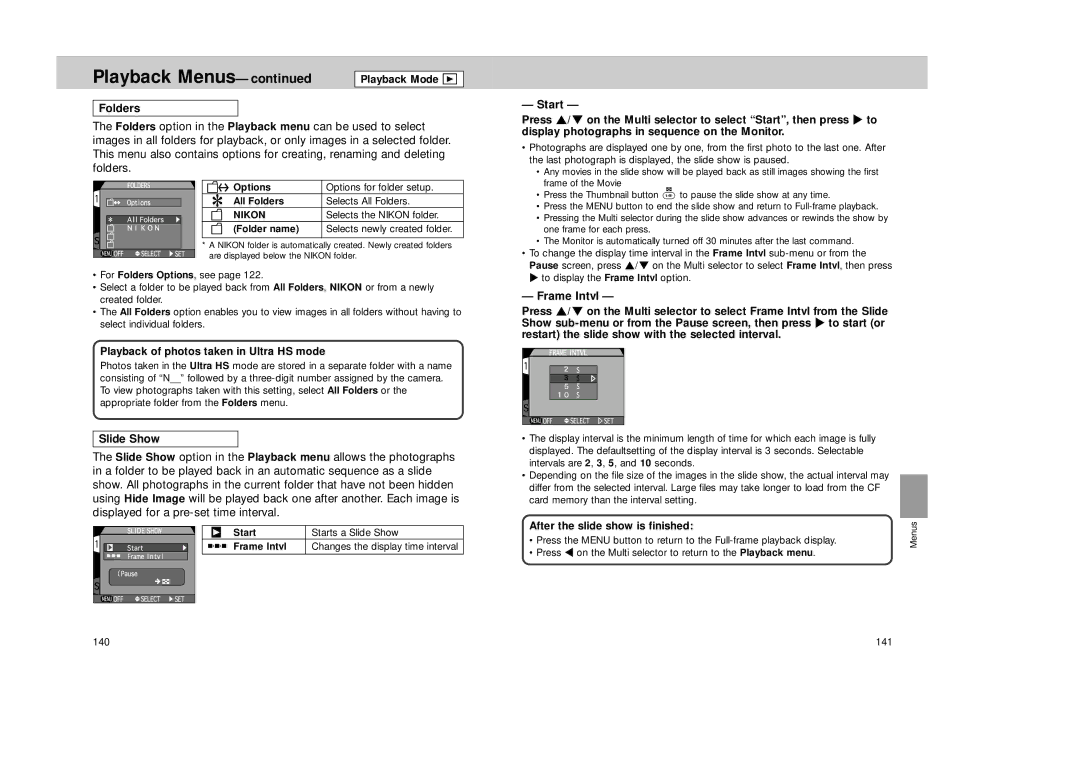 Nikon Coolpix 995 manual Slide Show, Start, Frame Intvl, Playback of photos taken in Ultra HS mode 