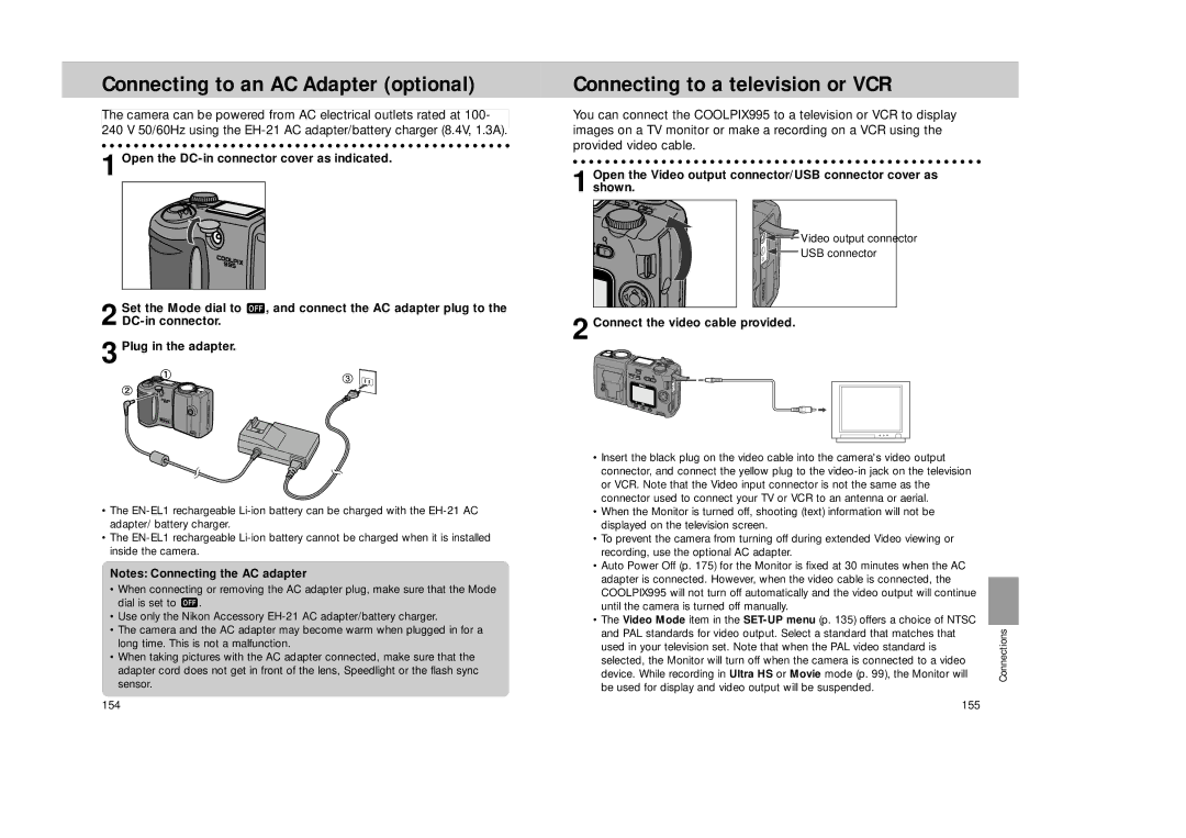 Nikon Coolpix 995 manual Connecting to an AC Adapter optional, Connecting to a television or VCR 