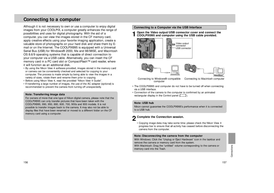 Nikon Coolpix 995 manual Connecting to a computer, Connecting to a Computer via the USB Interface 