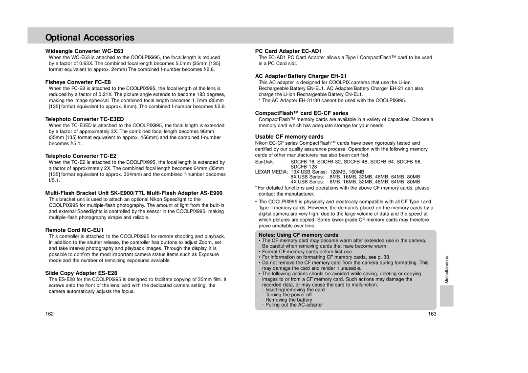 Nikon Coolpix 995 manual Optional Accessories, Usable CF memory cards 