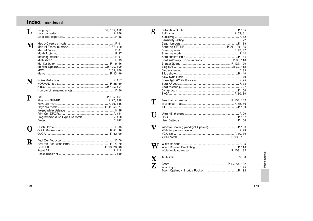 Nikon Coolpix 995 manual Index, 32, 135, 44, 54, 47, 54, Miscellaneous 178 179 