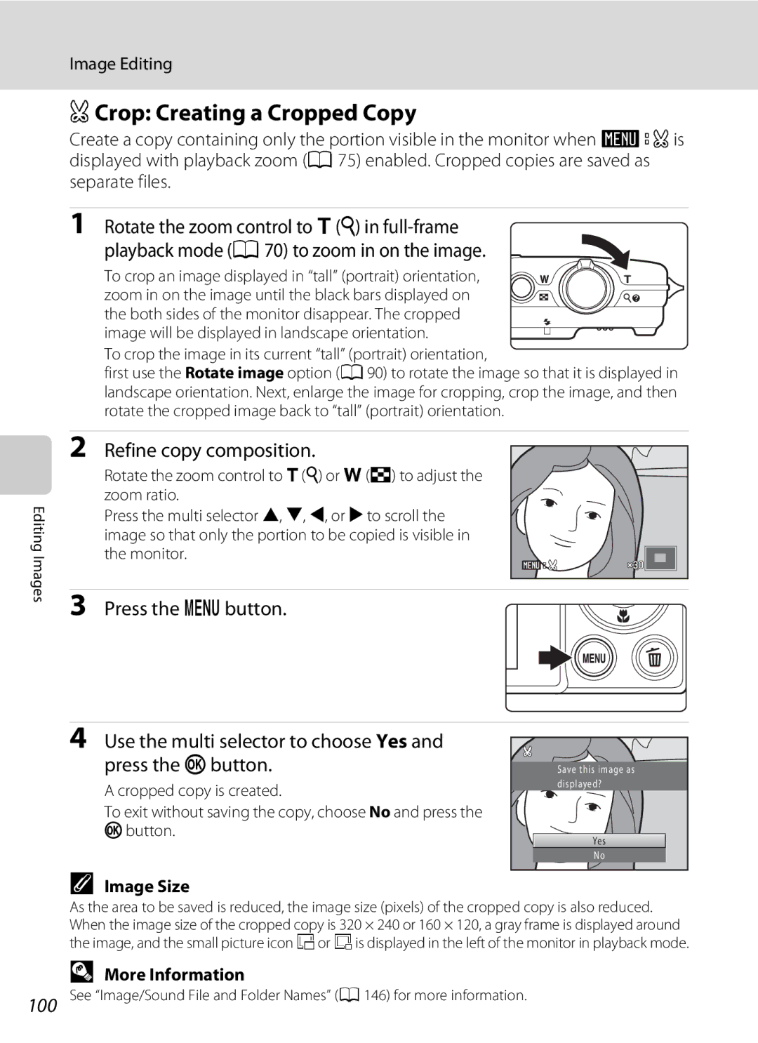 Nikon Coolpix Digital Camera ACrop Creating a Cropped Copy, Refine copy composition, Image Size, Cropped copy is created 