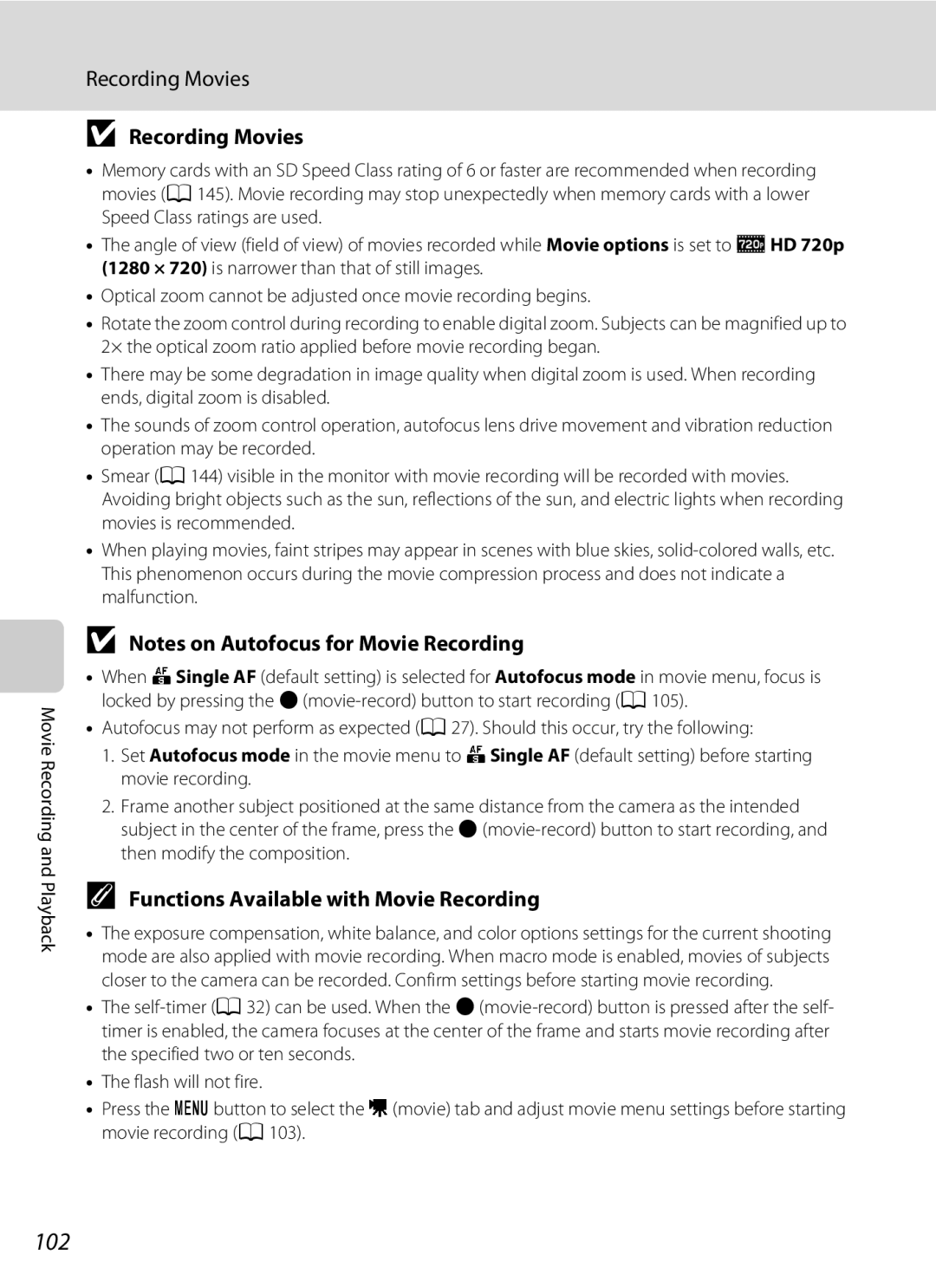 Nikon Coolpix Digital Camera, S5100 user manual 102, Recording Movies, Functions Available with Movie Recording 