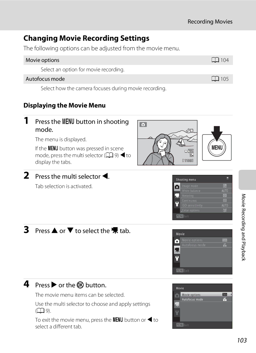 Nikon S5100, Coolpix Digital Camera user manual Changing Movie Recording Settings, Displaying the Movie Menu, 103 