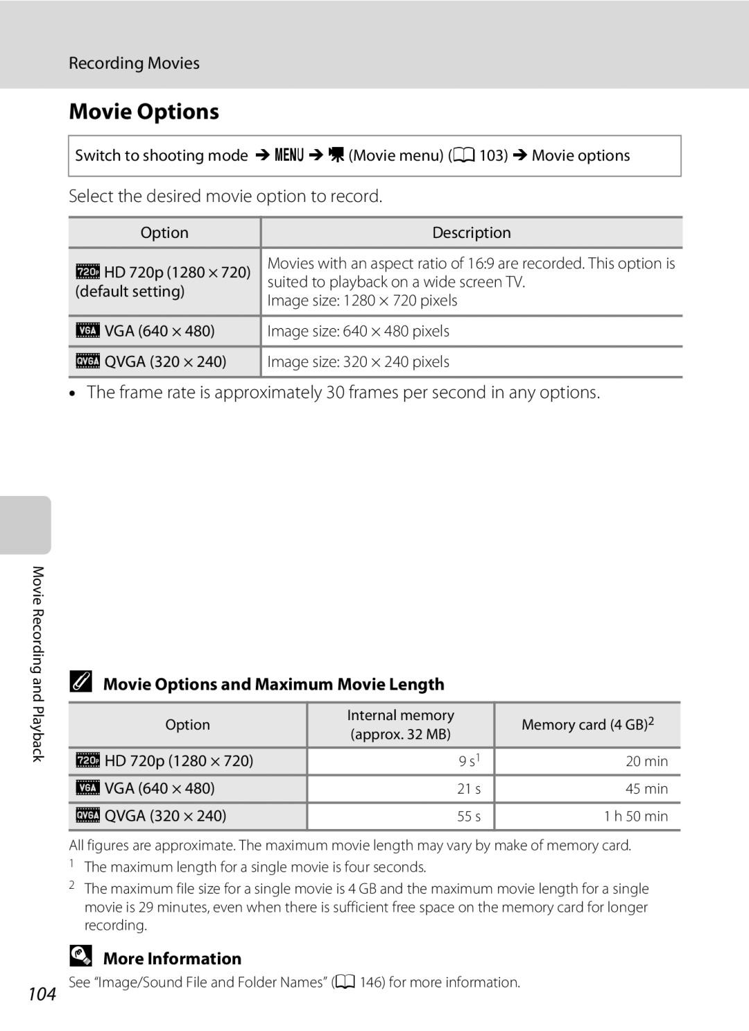 Nikon Coolpix Digital Camera Movie Options, Select the desired movie option to record, Option Description XHD 720p 1280 × 