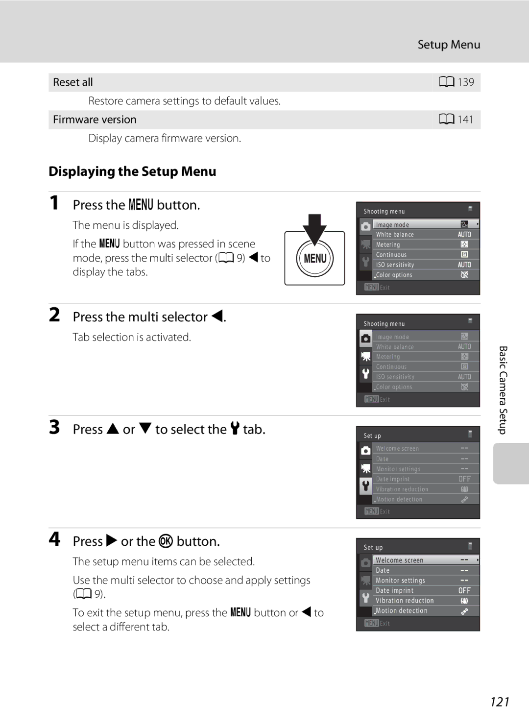 Nikon S5100, Coolpix Digital Camera user manual Displaying the Setup Menu, Press H or I to select the ztab, 121 