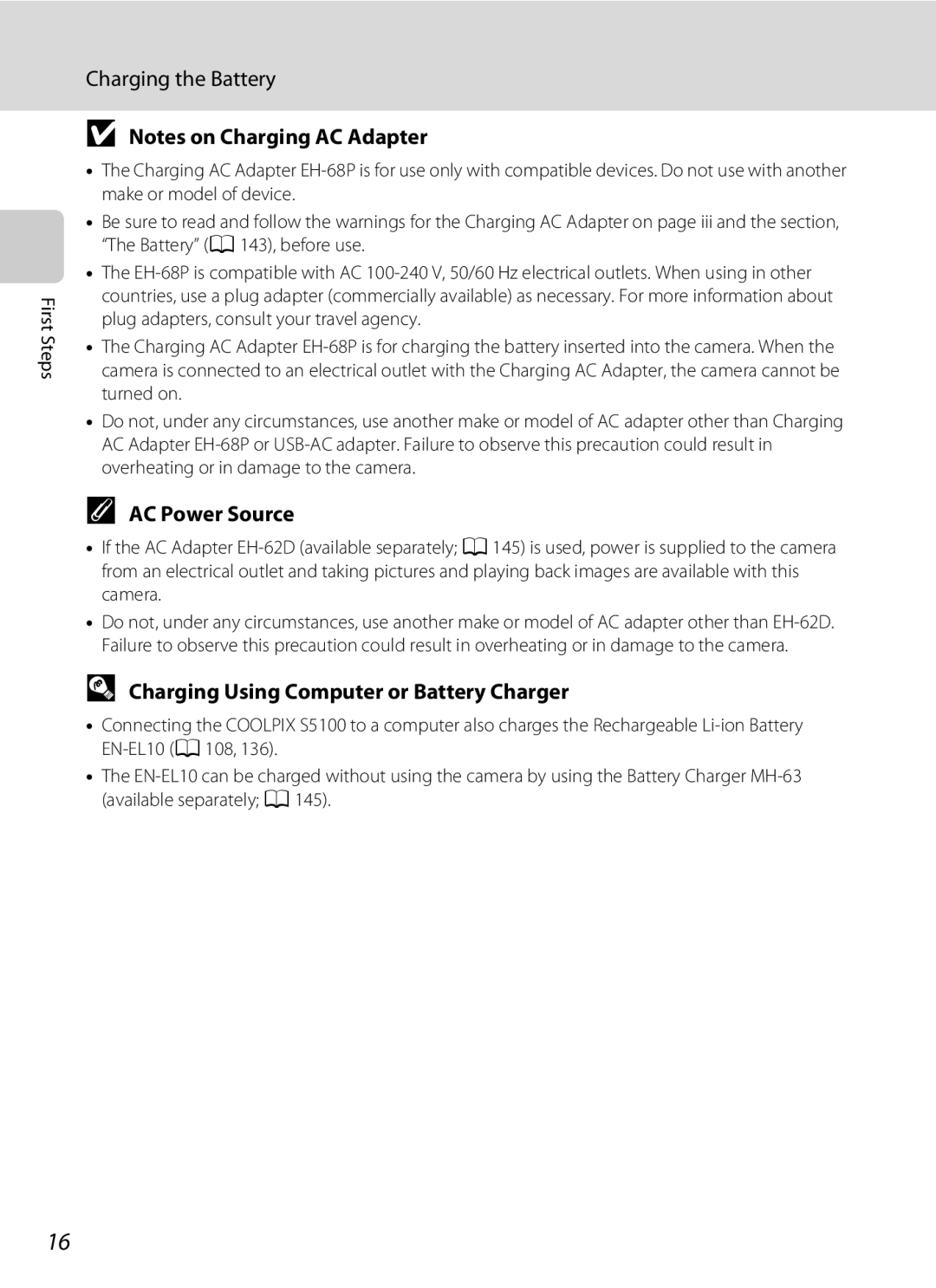 Nikon Coolpix Digital Camera, S5100 user manual AC Power Source, Charging Using Computer or Battery Charger 