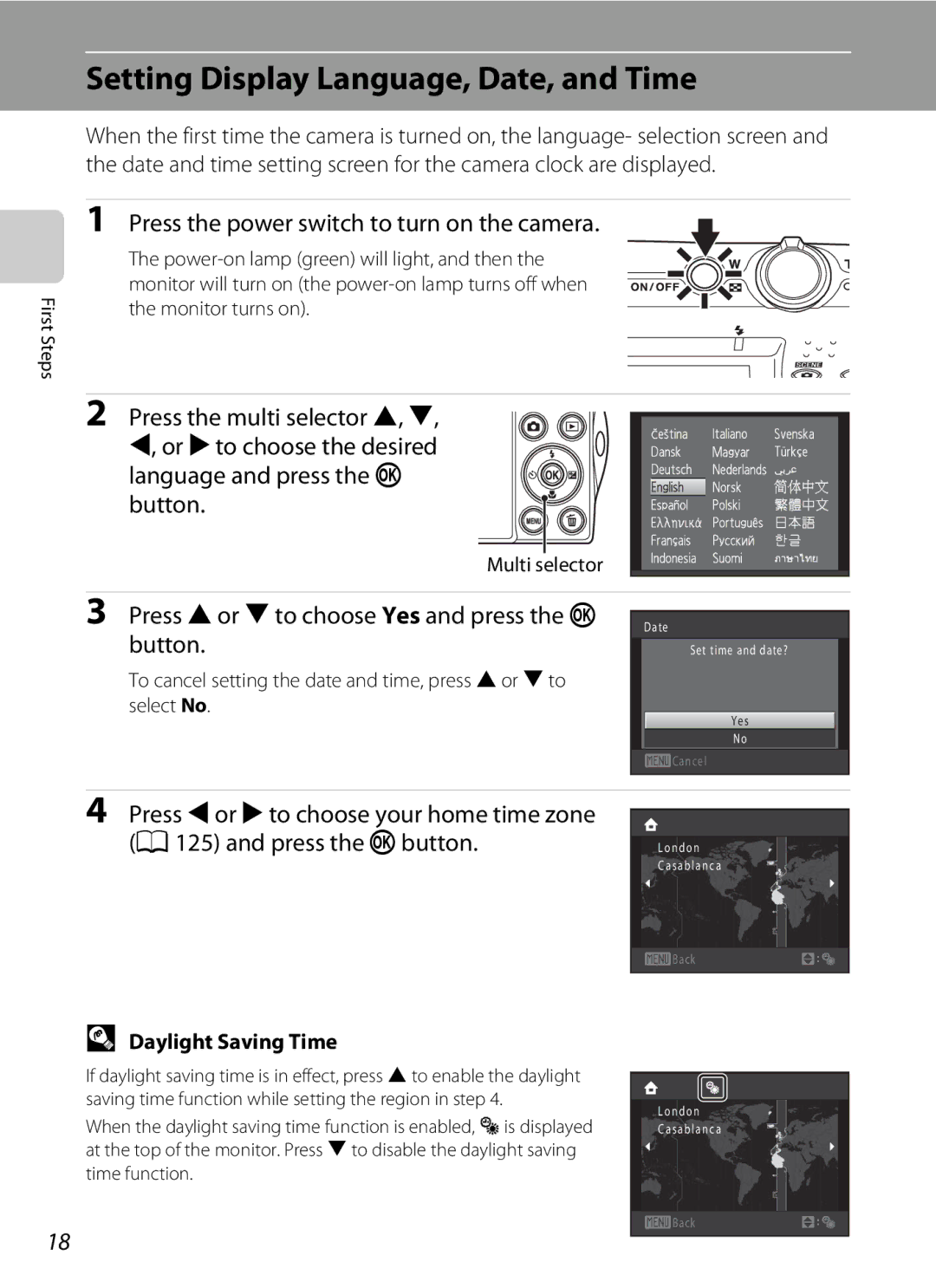 Nikon Coolpix Digital Camera, S5100 Setting Display Language, Date, and Time, Press the power switch to turn on the camera 