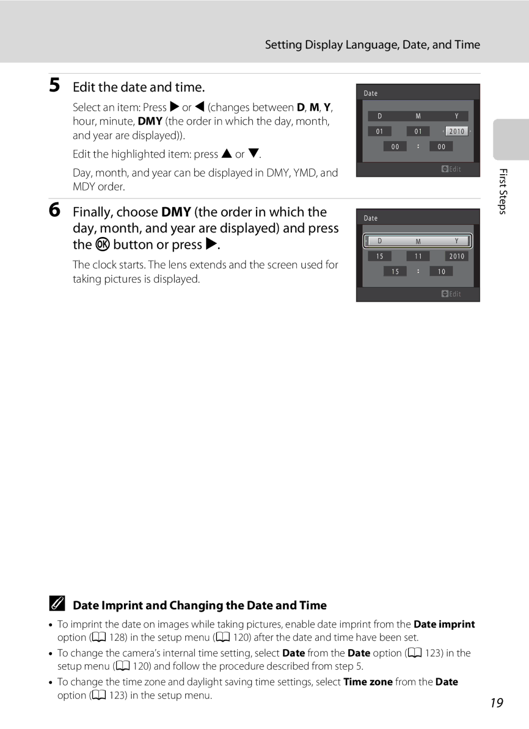 Nikon S5100 Edit the date and time, Setting Display Language, Date, and Time, Date Imprint and Changing the Date and Time 