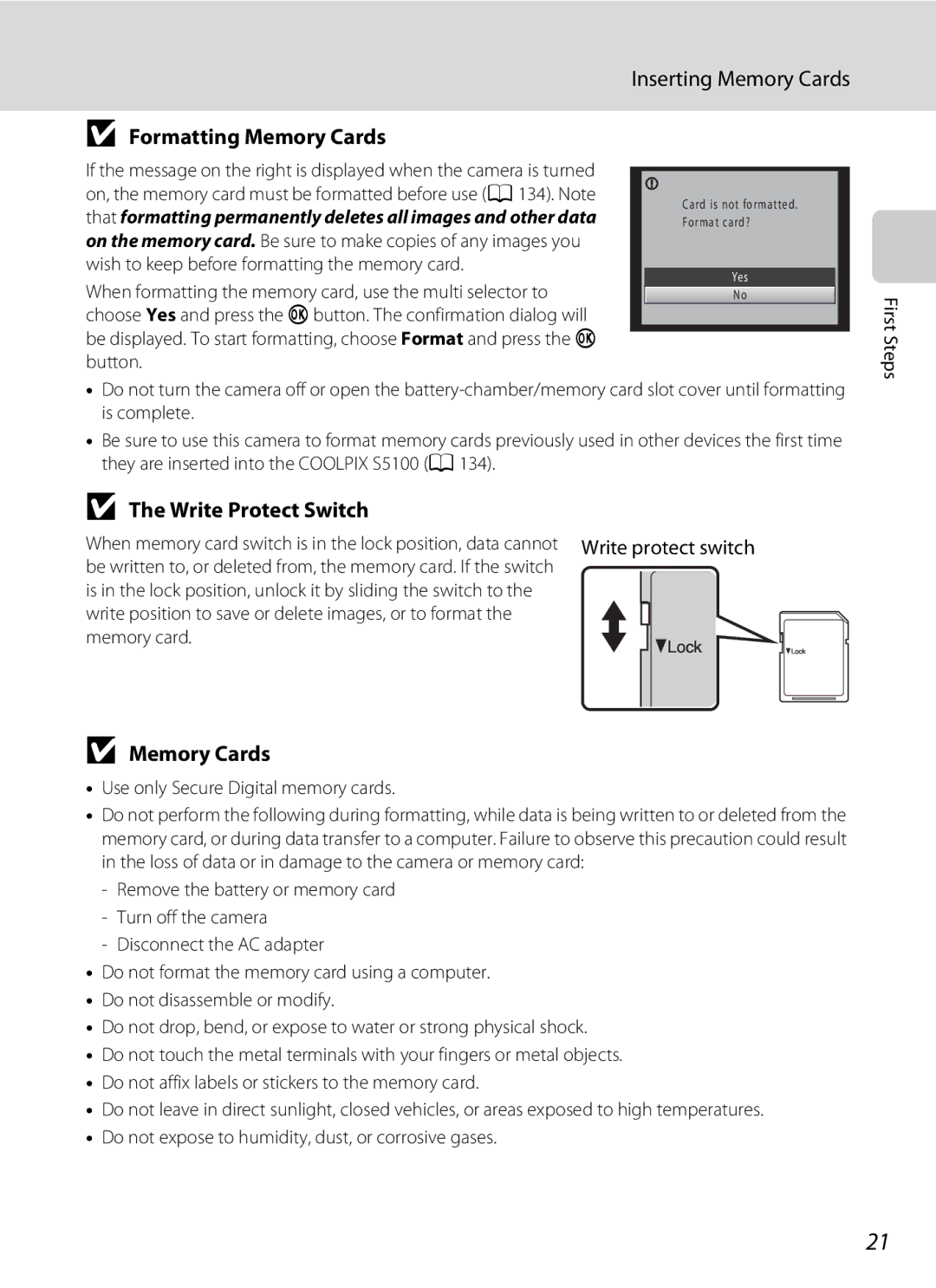 Nikon S5100, Coolpix Digital Camera user manual Inserting Memory Cards, Formatting Memory Cards, Write Protect Switch 