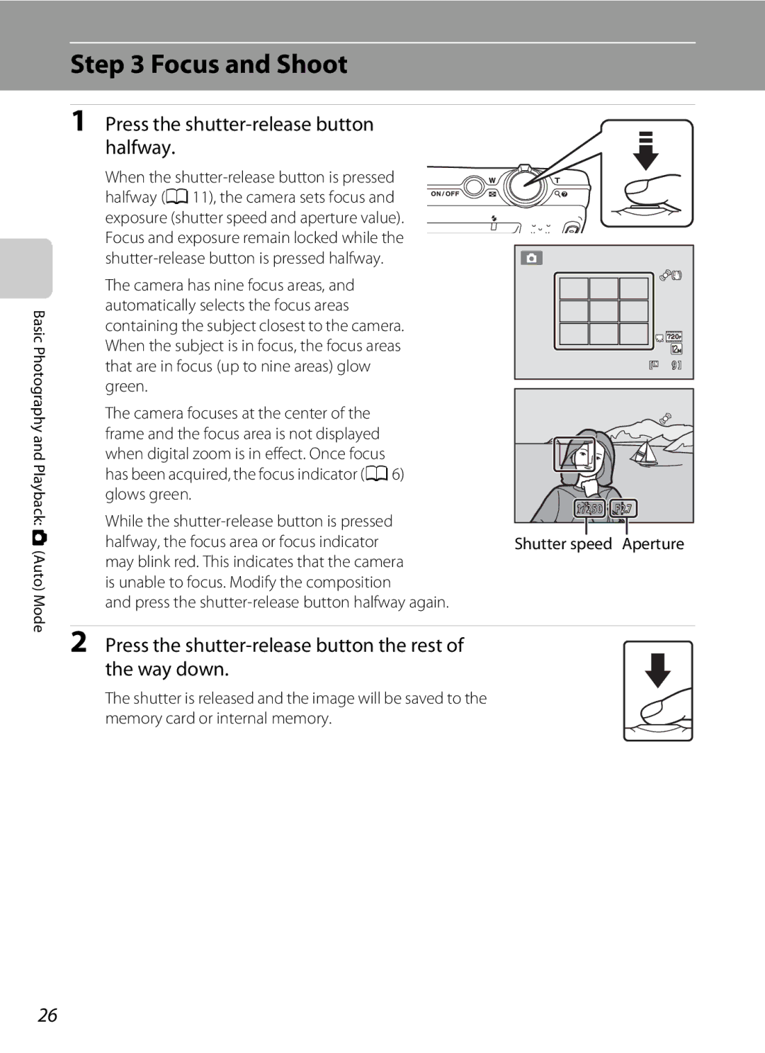 Nikon Coolpix Digital Camera, S5100 user manual Focus and Shoot, Press the shutter-release button halfway 