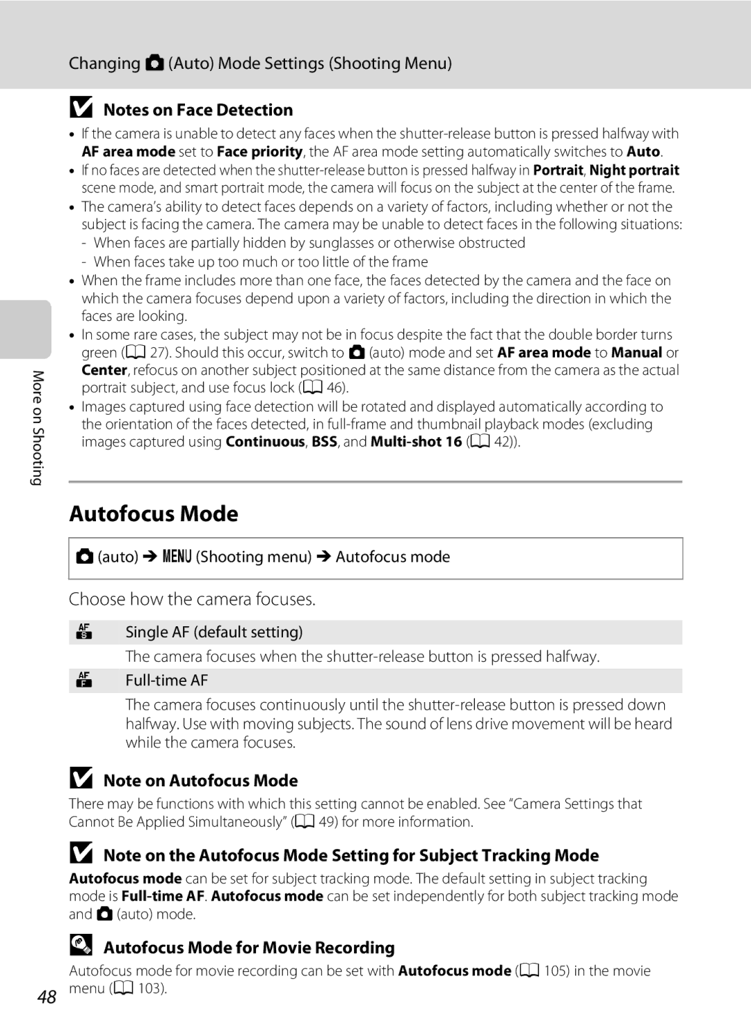 Nikon Coolpix Digital Camera, S5100 user manual Choose how the camera focuses, Autofocus Mode for Movie Recording 