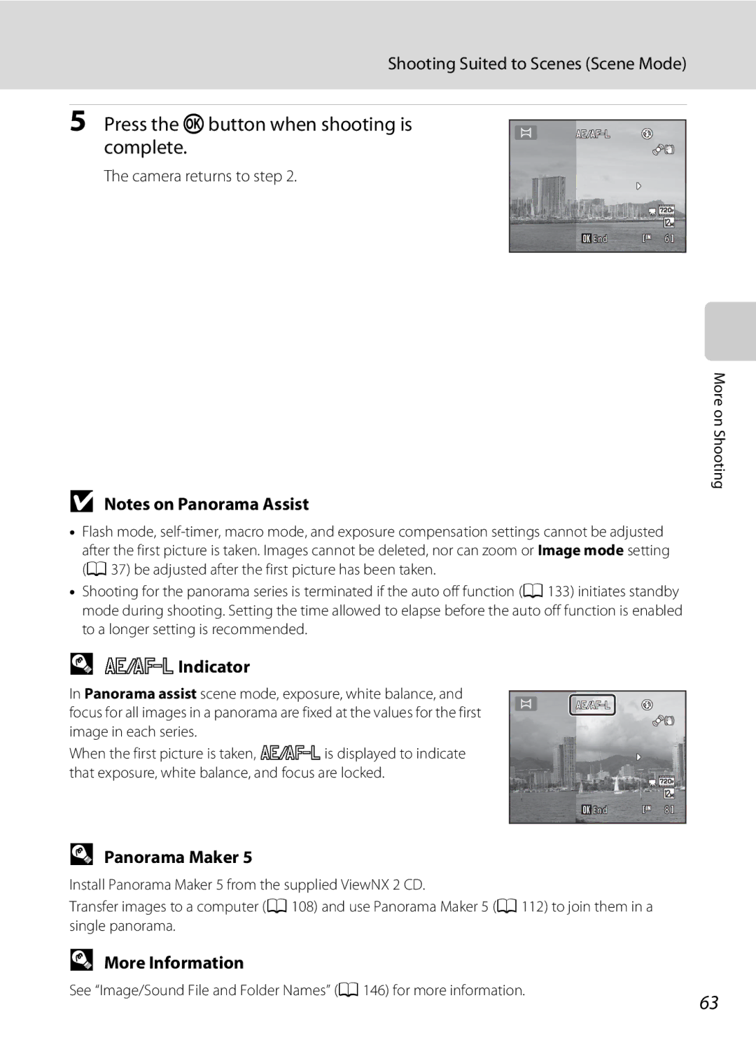 Nikon S5100 user manual Press the kbutton when shooting is complete, RIndicator, Panorama Maker, Camera returns to step 