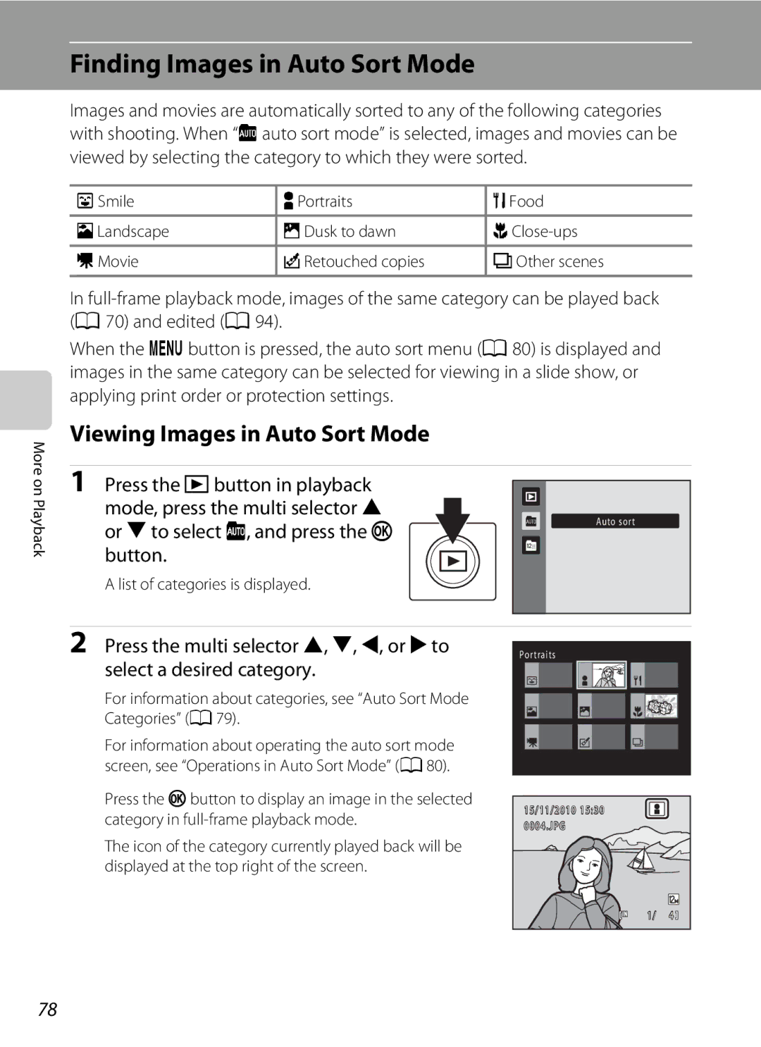 Nikon Coolpix Digital Camera, S5100 user manual Finding Images in Auto Sort Mode, Viewing Images in Auto Sort Mode 