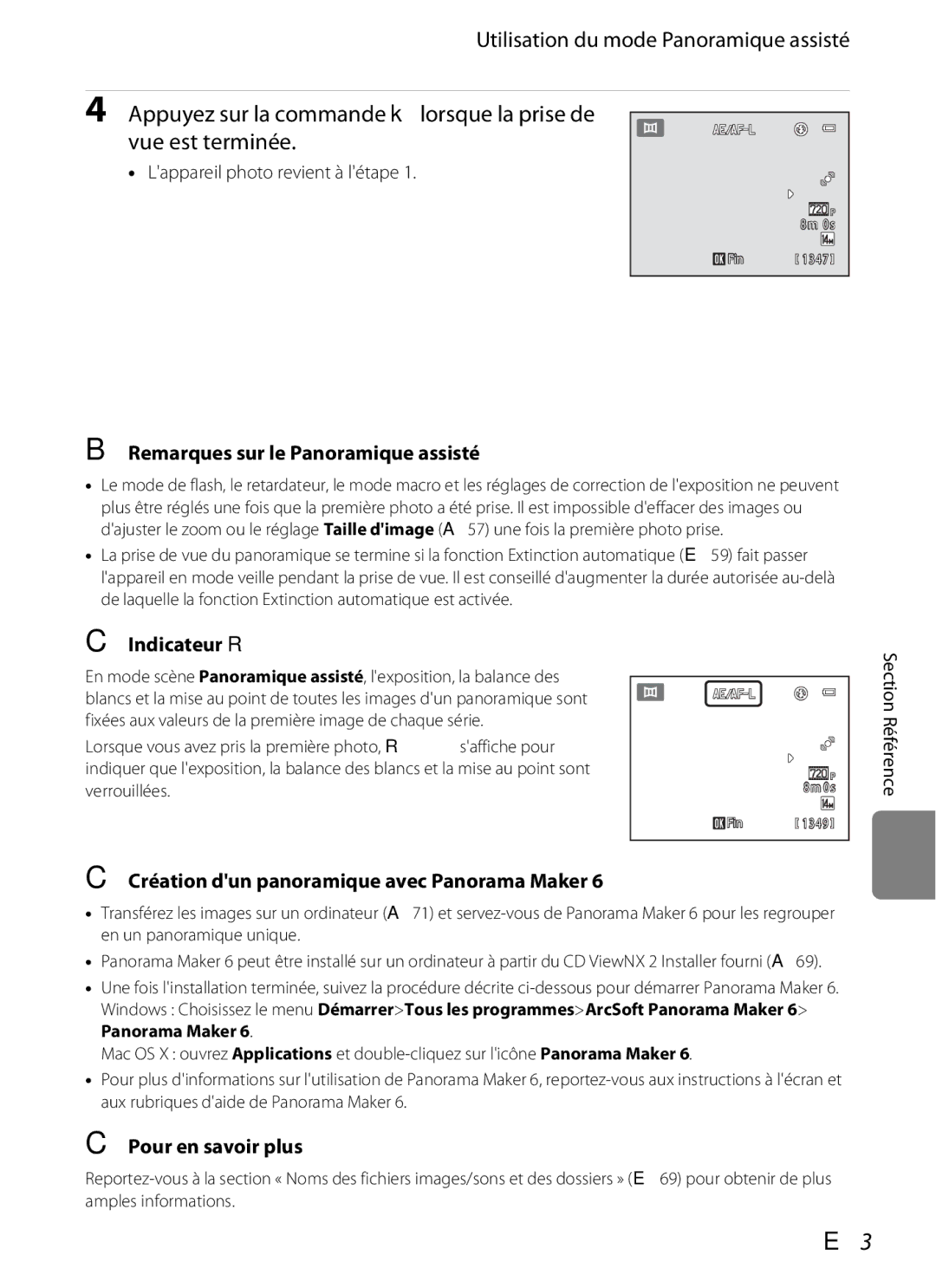 Nikon COOLPIX S2600 manual Remarques sur le Panoramique assisté, Indicateur R, Création dun panoramique avec Panorama Maker 