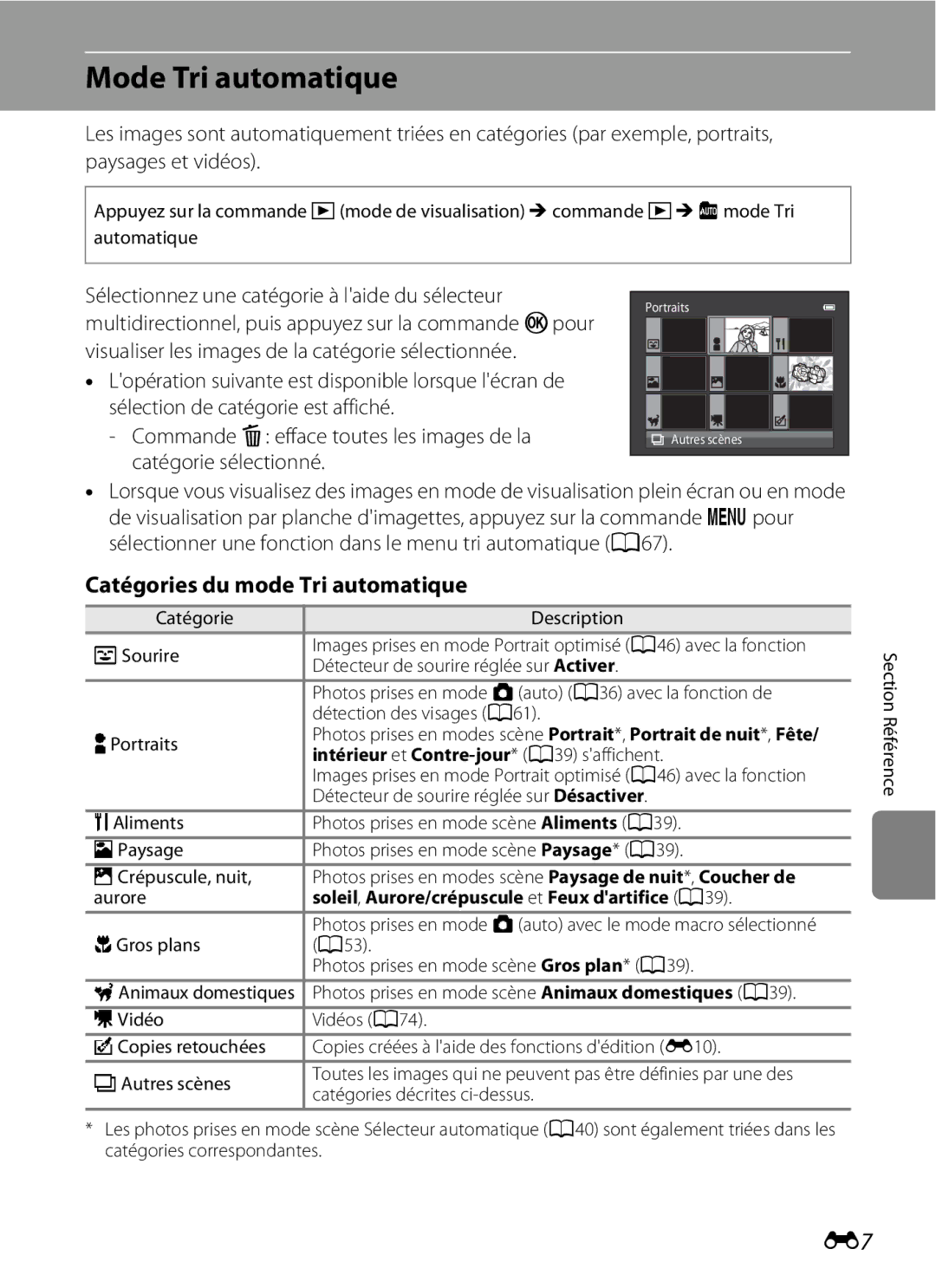 Nikon COOLPIX S2600 manual Mode Tri automatique, Sélectionnez une catégorie à laide du sélecteur 