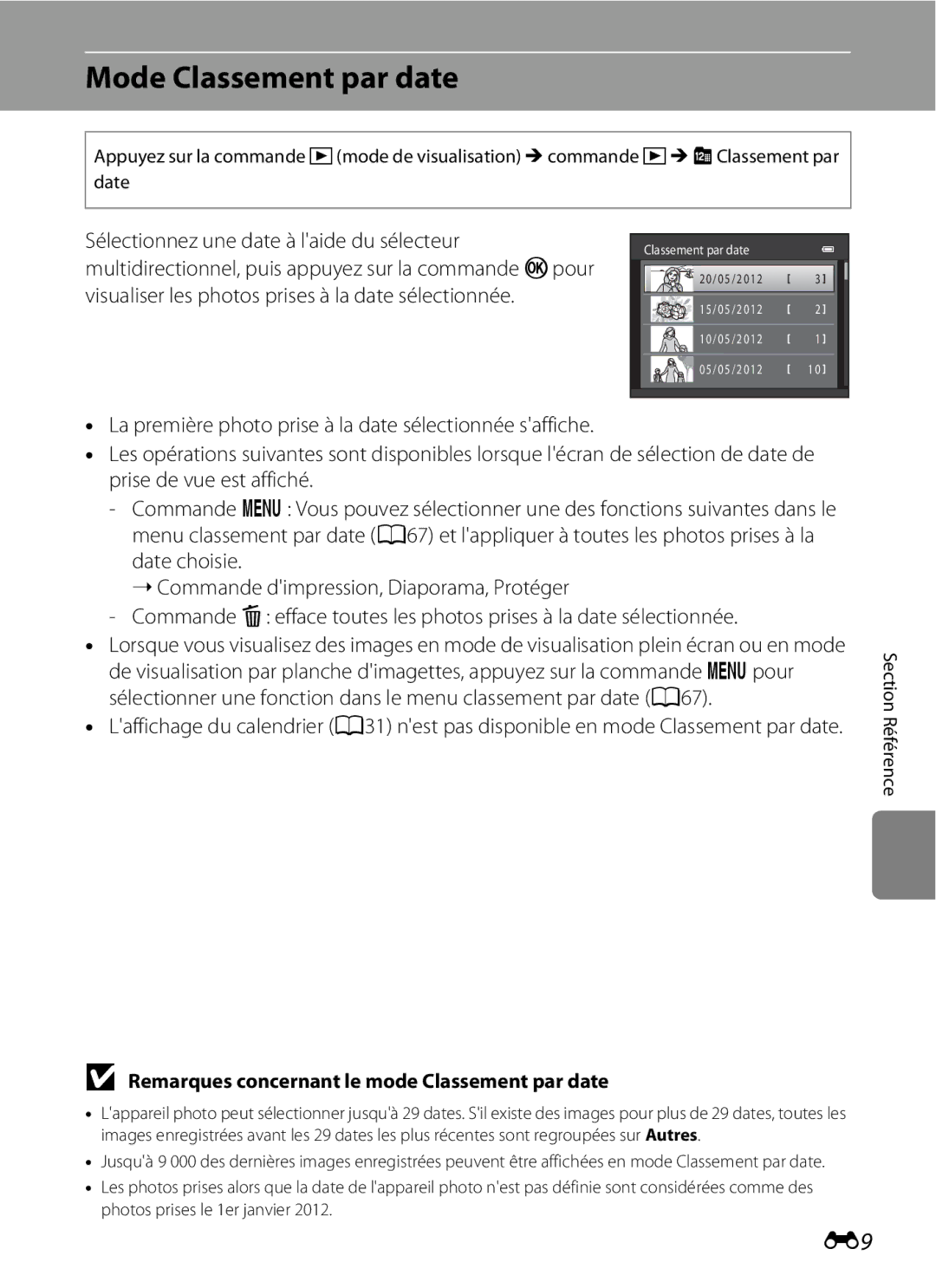 Nikon COOLPIX S2600 manual Mode Classement par date, Remarques concernant le mode Classement par date 