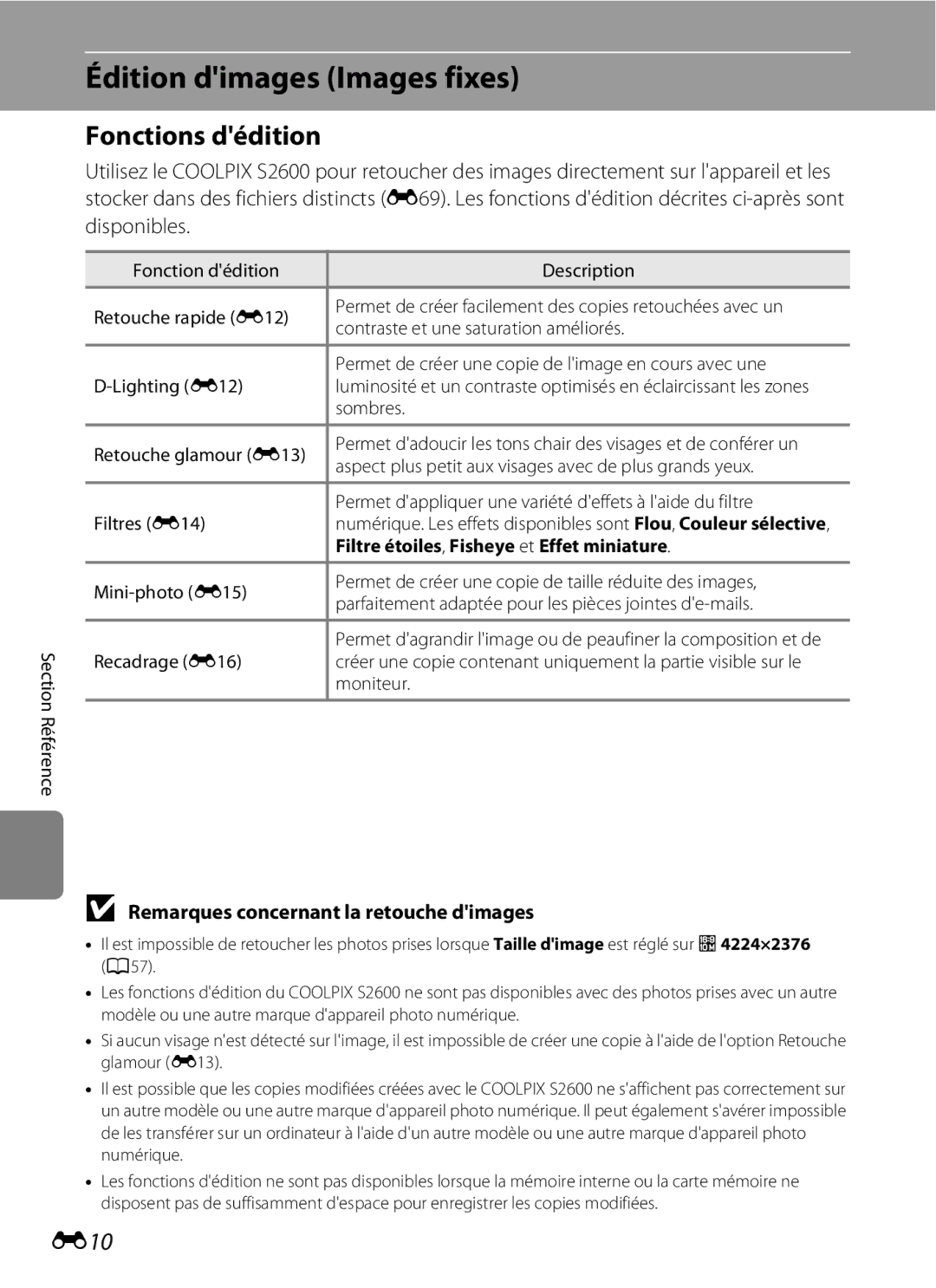 Nikon COOLPIX S2600 manual Édition dimages Images fixes, Fonctions dédition, E10, Remarques concernant la retouche dimages 