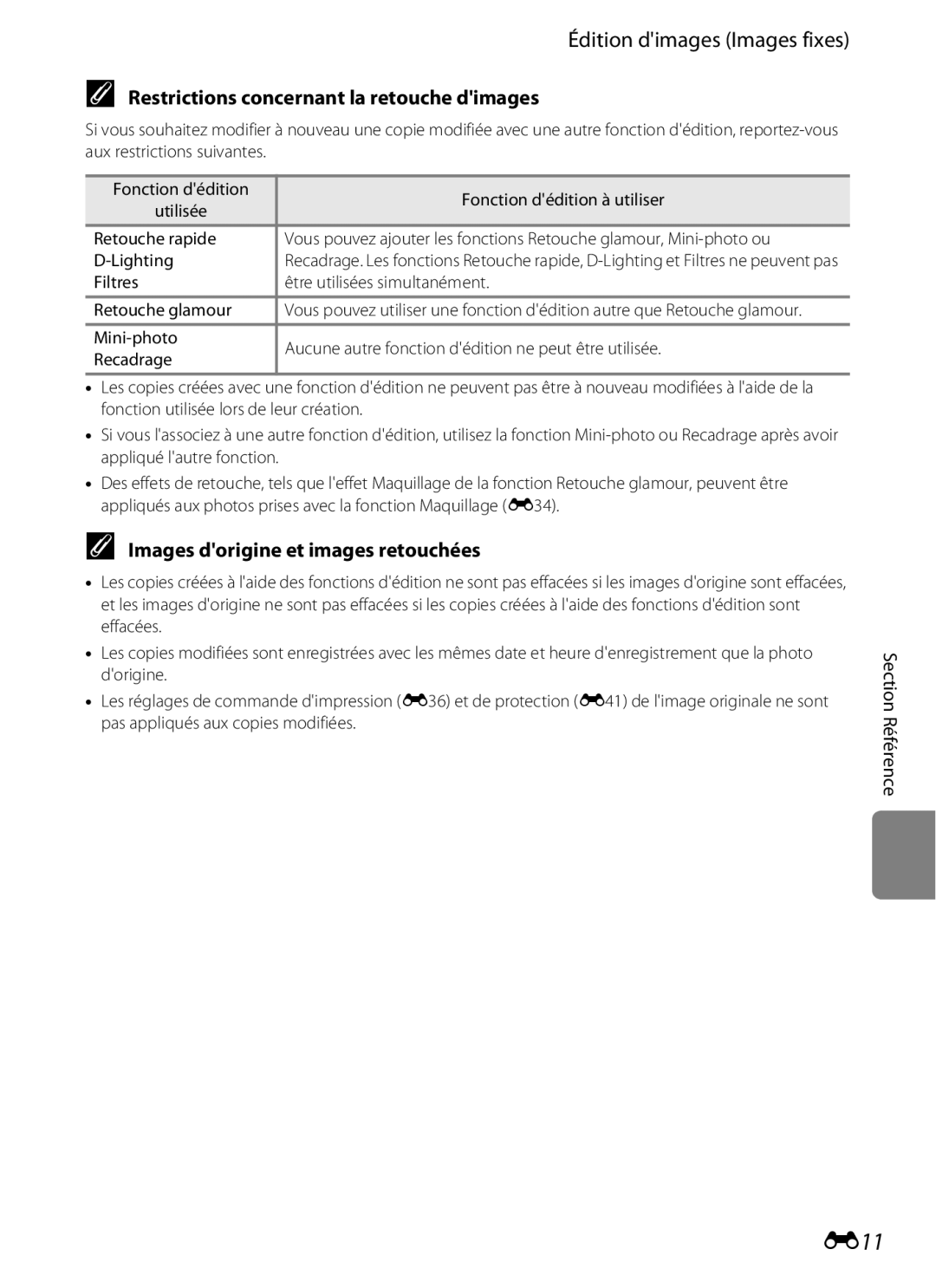 Nikon COOLPIX S2600 manual E11, Édition dimages Images fixes, Restrictions concernant la retouche dimages 