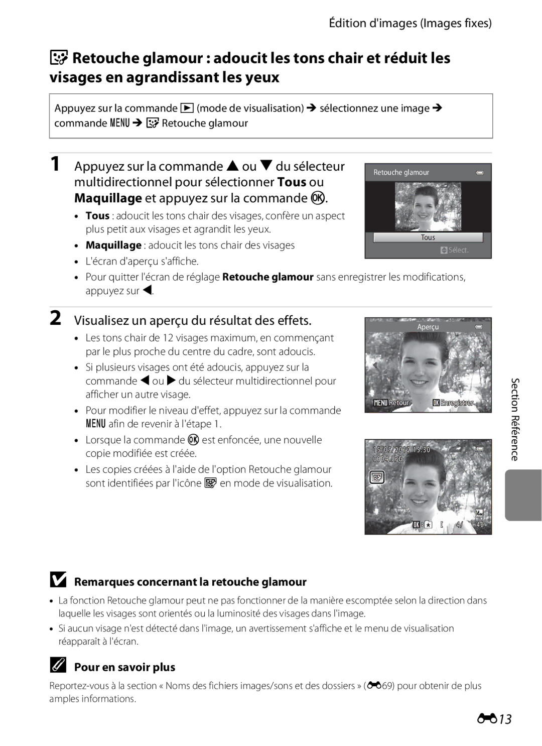 Nikon COOLPIX S2600 manual E13, Visualisez un aperçu du résultat des effets, Remarques concernant la retouche glamour 