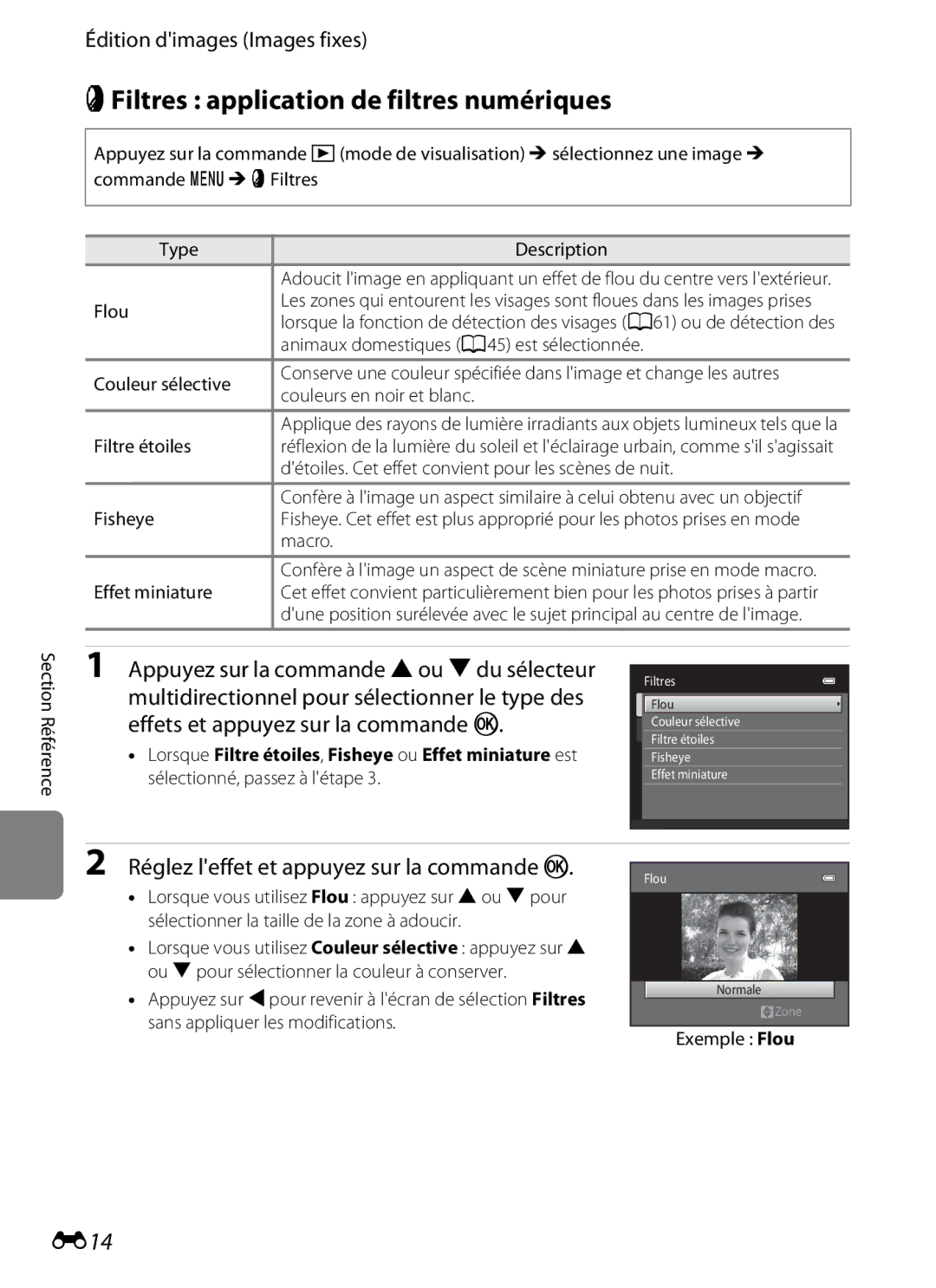 Nikon COOLPIX S2600 manual PFiltres application de filtres numériques, E14, Multidirectionnel pour sélectionner le type des 