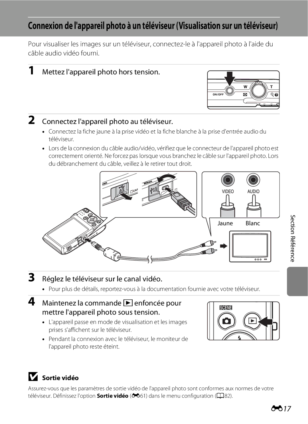 Nikon COOLPIX S2600 manual E17, Réglez le téléviseur sur le canal vidéo, Sortie vidéo 