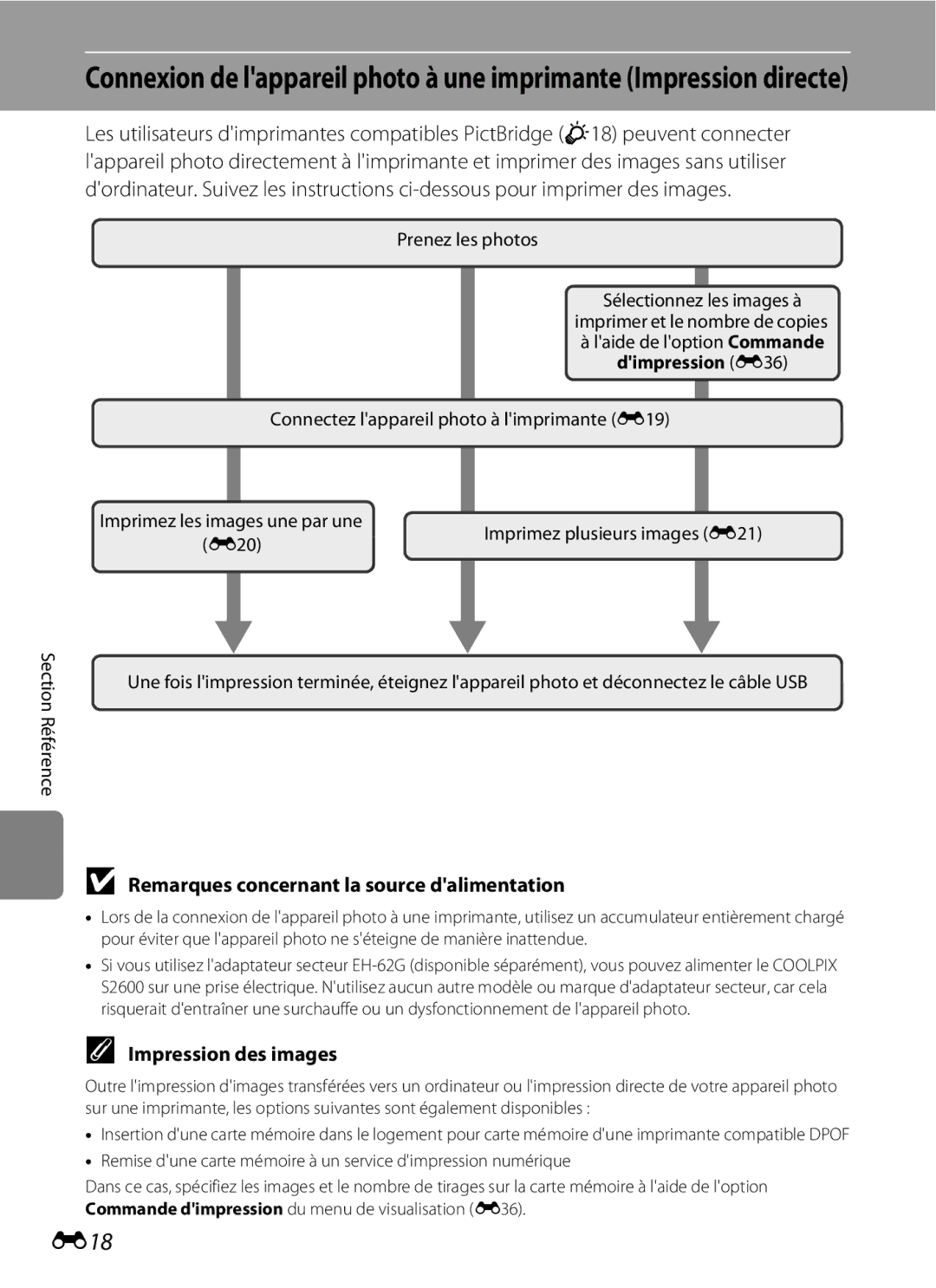 Nikon COOLPIX S2600 manual E18, Remarques concernant la source dalimentation, Impression des images 