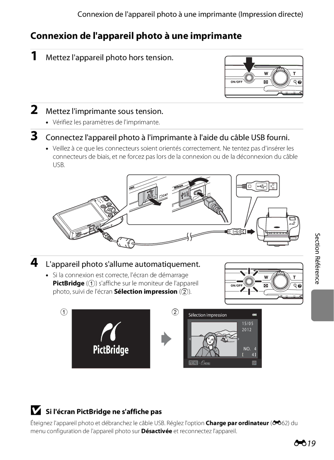 Nikon COOLPIX S2600 manual Connexion de lappareil photo à une imprimante, E19, Lappareil photo sallume automatiquement 