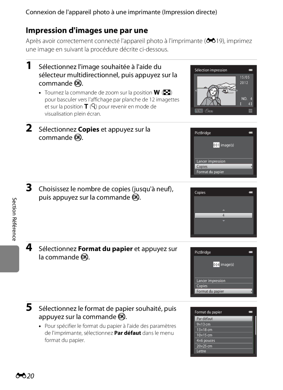 Nikon COOLPIX S2600 manual Impression dimages une par une, E20, Sélectionnez Copies et appuyez sur la 