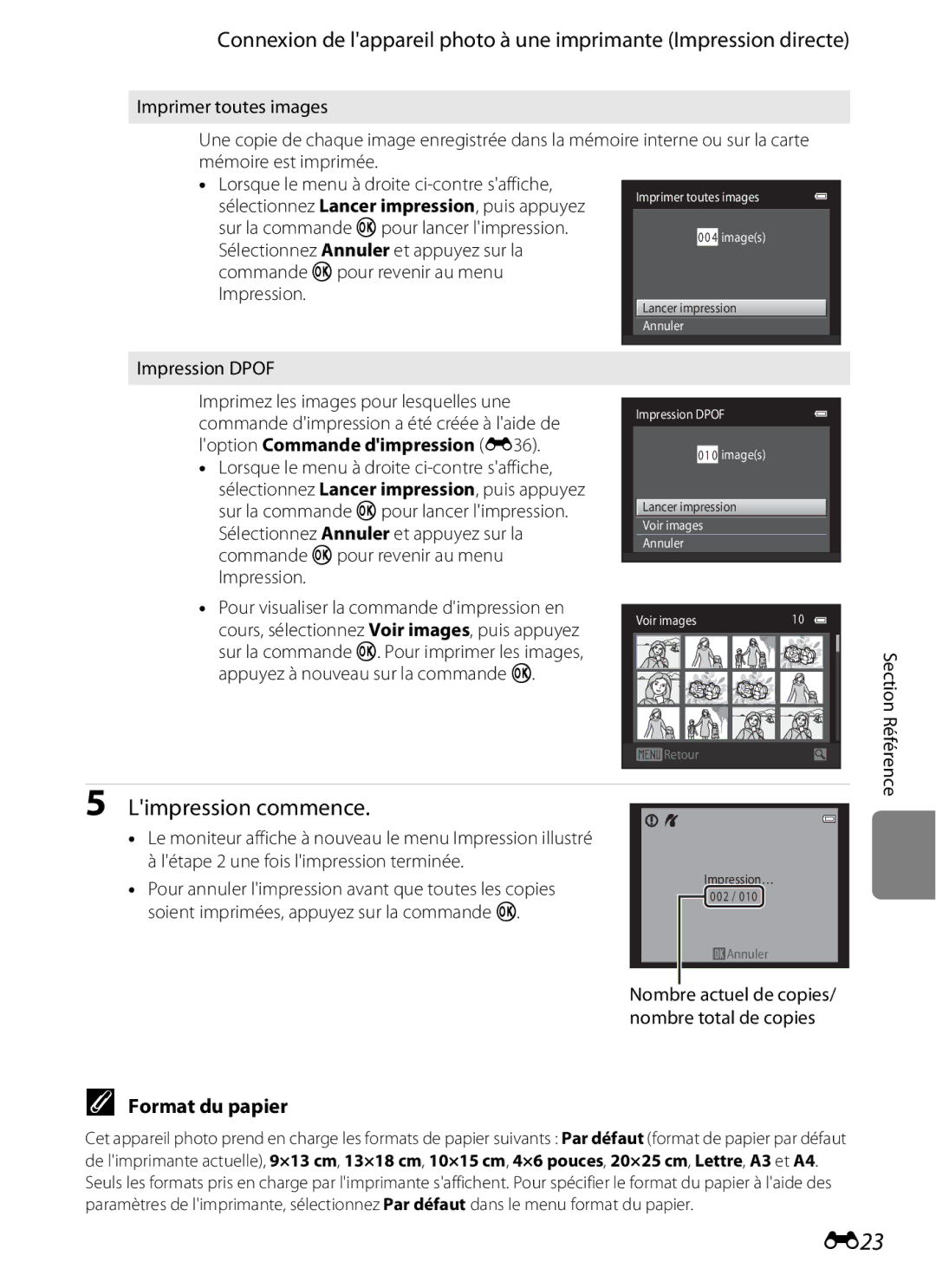 Nikon COOLPIX S2600 manual E23, Format du papier, Imprimer toutes images Impression Dpof 