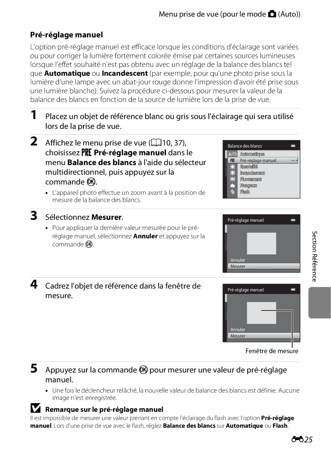 Nikon COOLPIX S2600 manual E25, Menu prise de vue pour le mode AAuto, Pré-réglage manuel, Sélectionnez Mesurer 