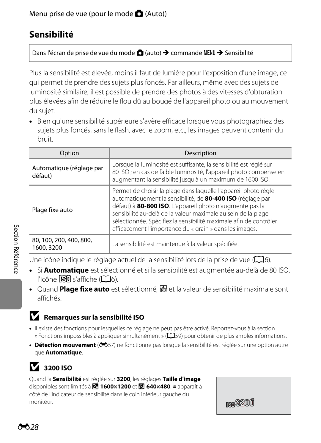 Nikon COOLPIX S2600 manual Sensibilité, E28, Remarques sur la sensibilité ISO, 3200 ISO 