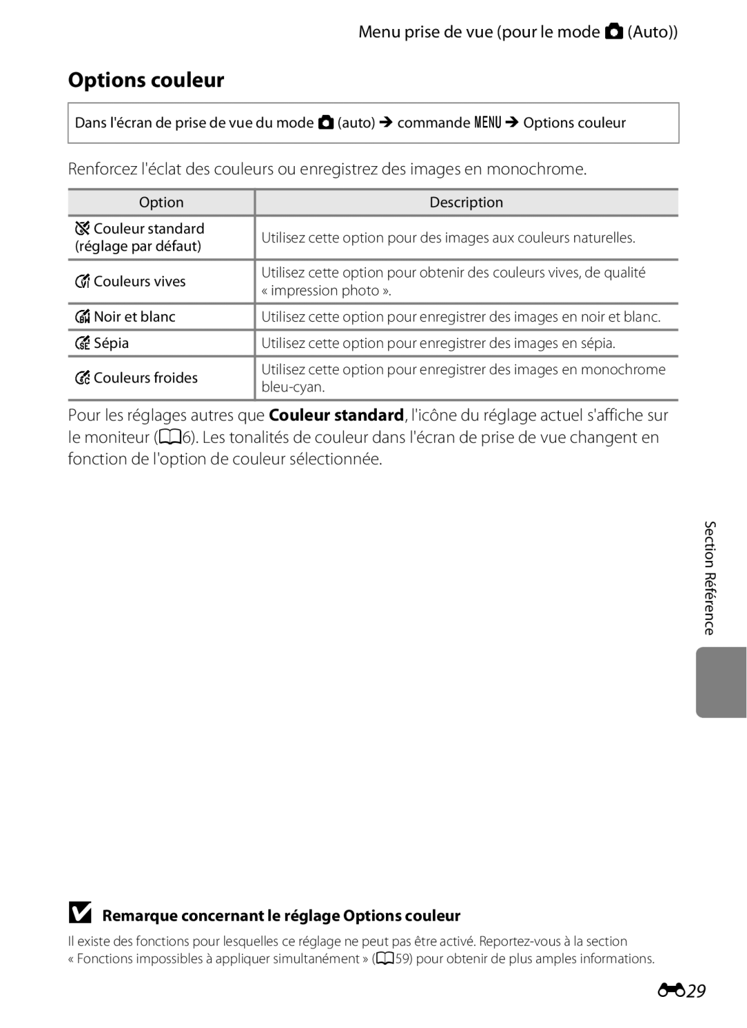 Nikon COOLPIX S2600 manual E29, Remarque concernant le réglage Options couleur 