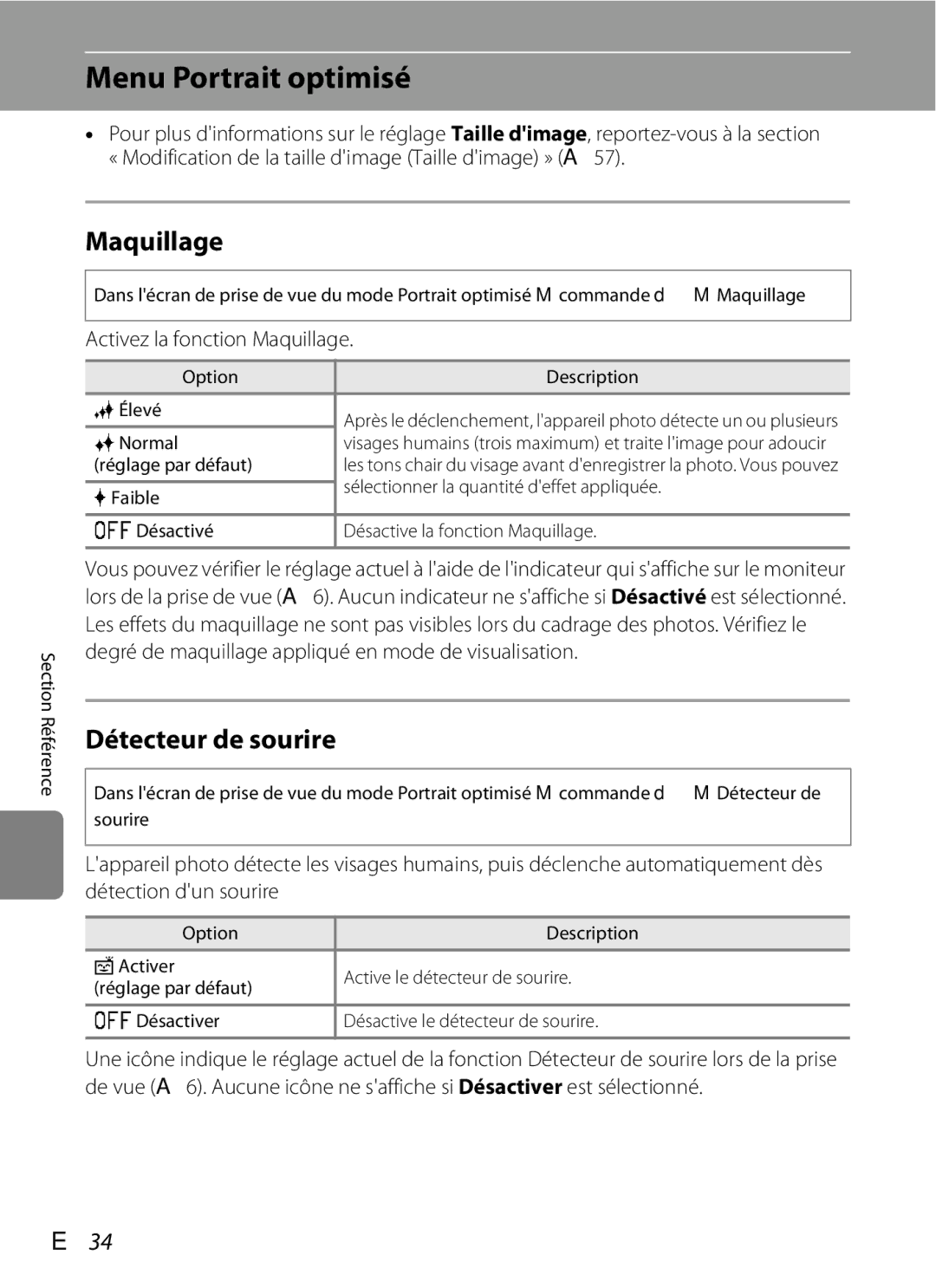 Nikon COOLPIX S2600 manual Menu Portrait optimisé, Détecteur de sourire, E34, Activez la fonction Maquillage 