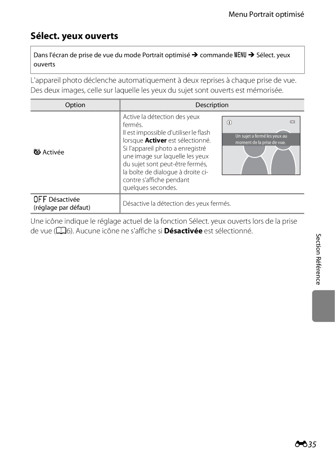 Nikon COOLPIX S2600 manual Sélect. yeux ouverts, E35, Menu Portrait optimisé, Lorsque Activer est sélectionné 